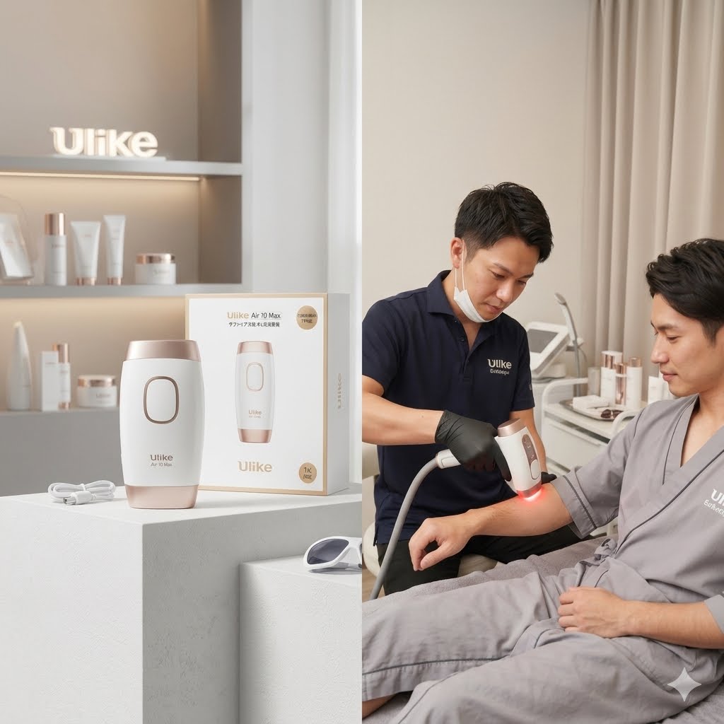 Ulike Air Maxの商品画像とパッケージ画像。男性エステティシャンが、実際に使用している画像。
