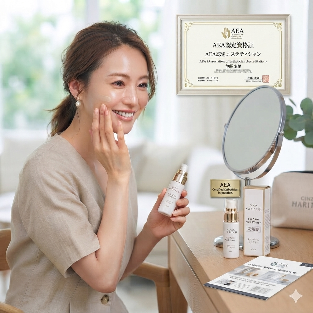 Ekiスキンベールプライマーの商品画像とパッケージ画像。AEA認定資格を持つ女性エステティシャン伊藤恵里が、実機使用中。