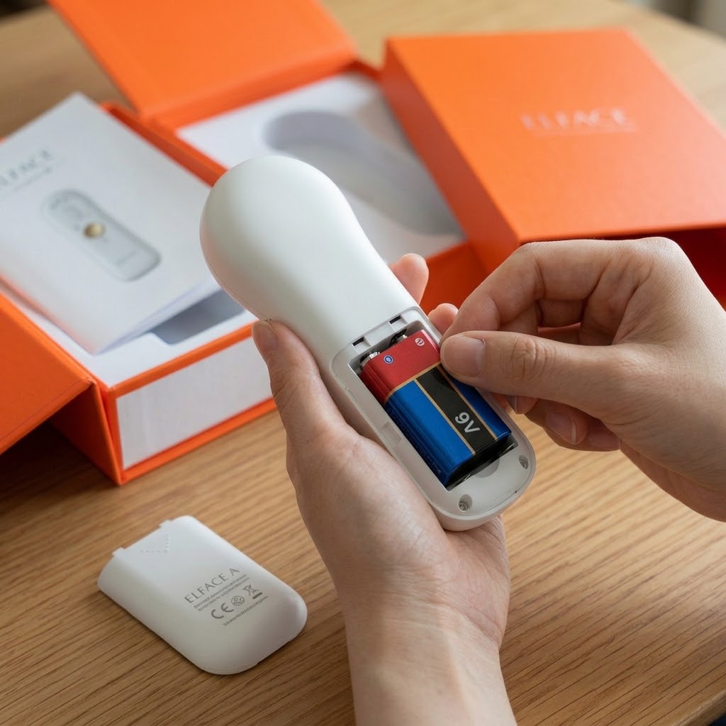 ELFACE A 美顔器本体裏面の電池ボックスと9V乾電池のセット方法