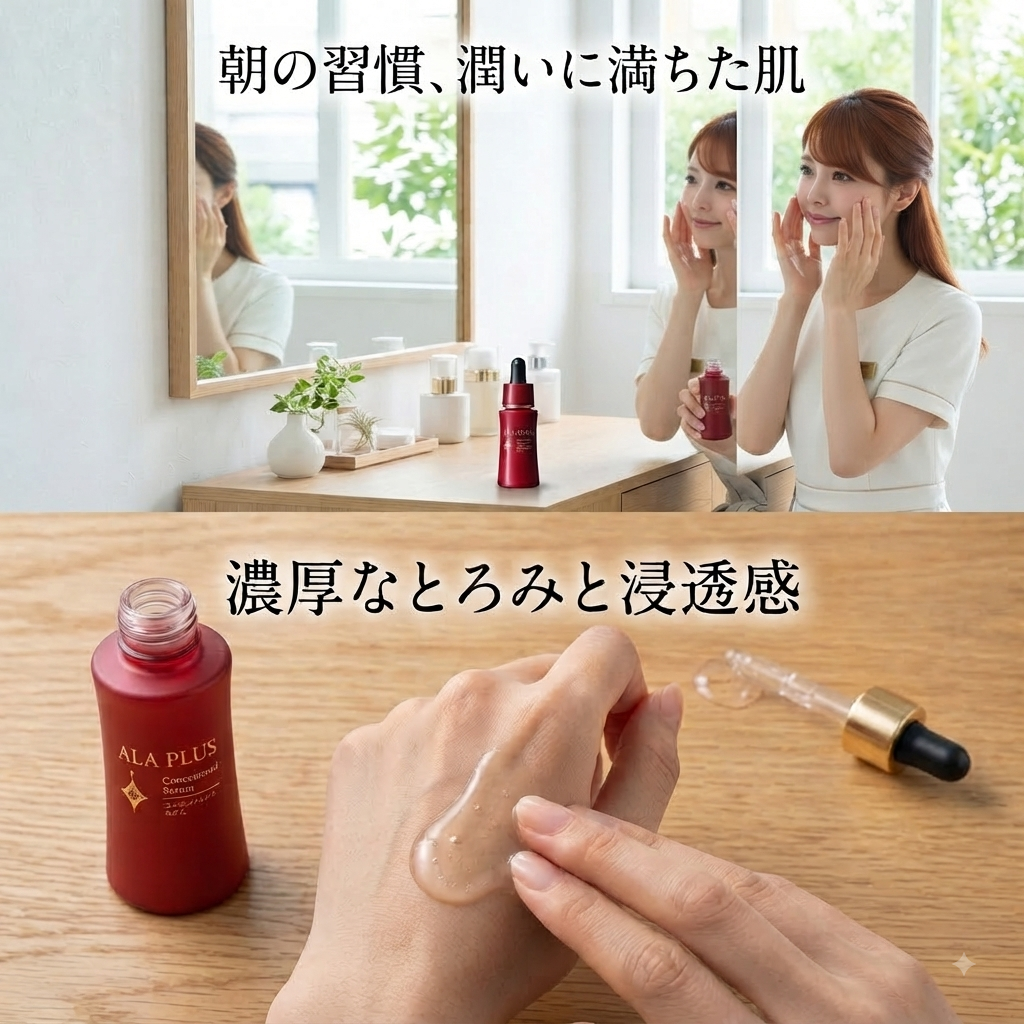 アラプラス コンセントレートセラムのテクスチャー（質感）を検証するAEA認定エステティシャン伊藤恵里の画像。
