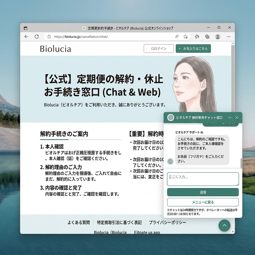 ビオルチアアイラッシュセラム定期便を解約する公式チャットの画面手順。