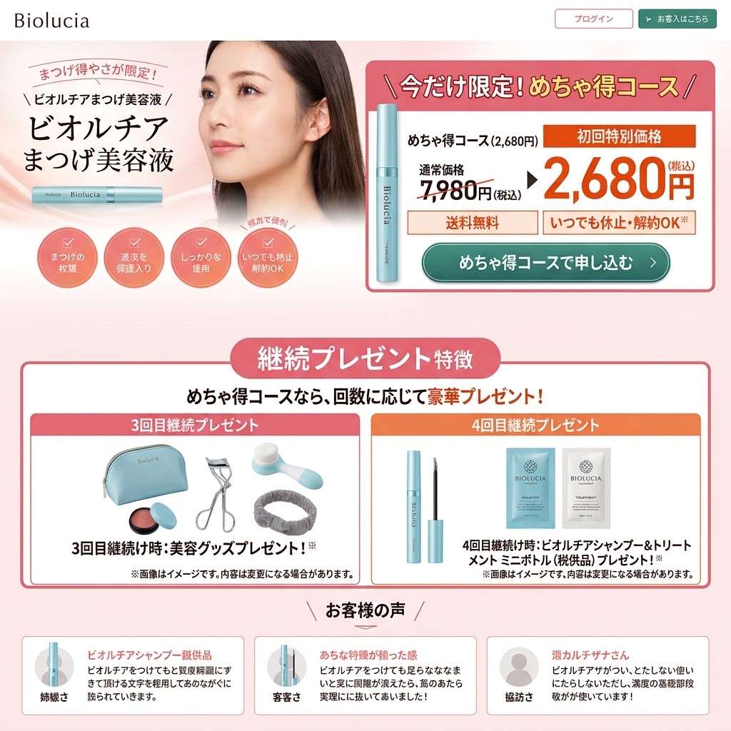 ビオルチアアイラッシュセラム公式サイト定期便の限定特典とプレゼント。
