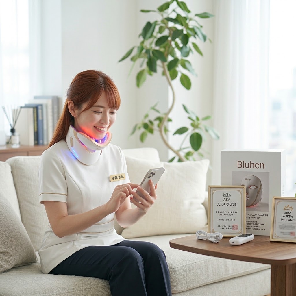 Bluhen(ブリュエン)美顔器の本体とパッケージ、AEA認定エステティシャン伊藤恵里の実際の使用風景。