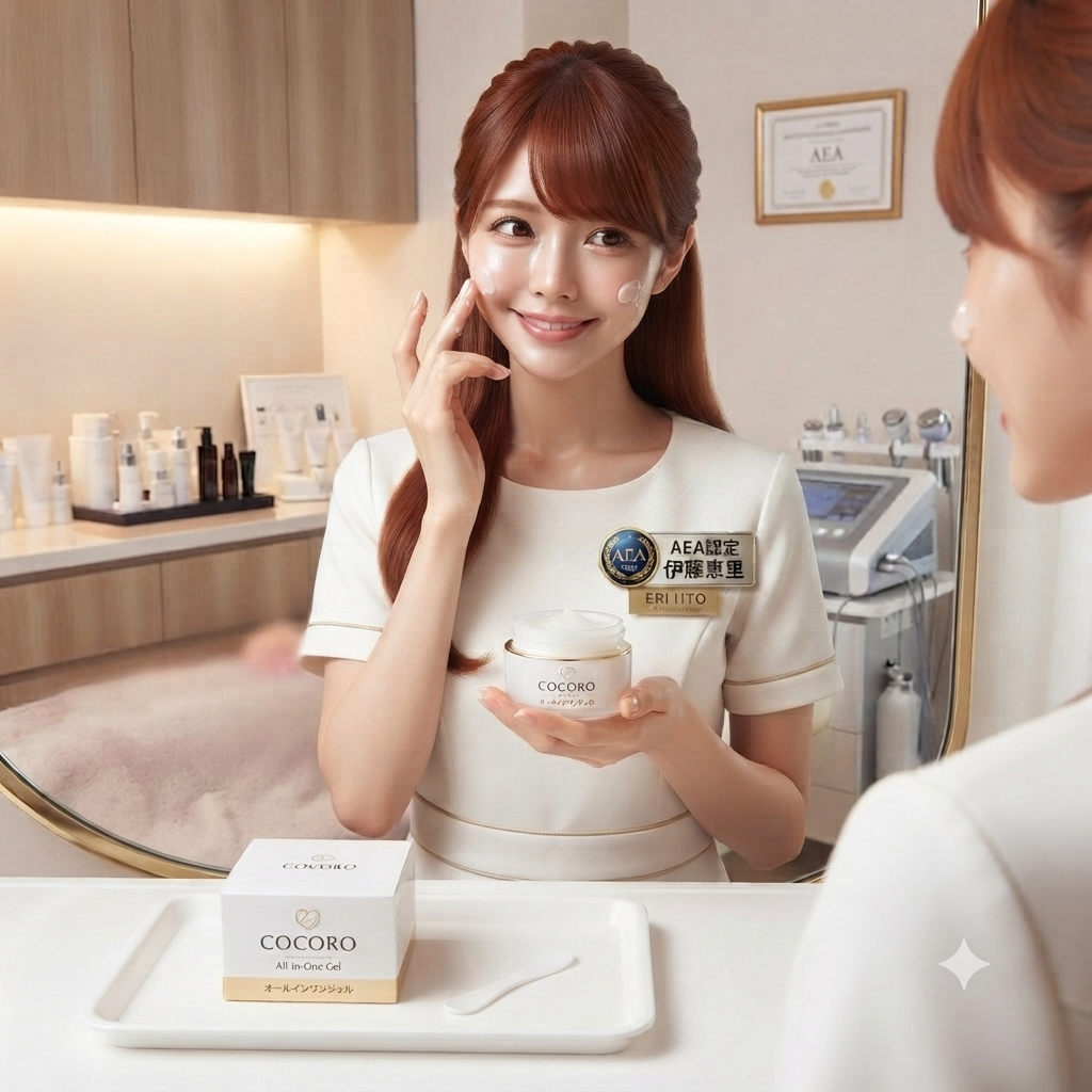 COCOROオールインワンの商品画像とパッケージ画像。AEA認定資格を持つ女性エステティシャン施術歴10年の伊藤恵里本人が、実機使用中。