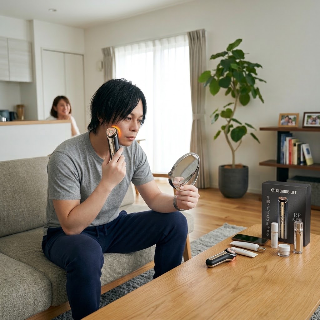 多機能美顔器グロリアスリフトをフェイスラインに当てて実際に使用している30代男性の検証風景。