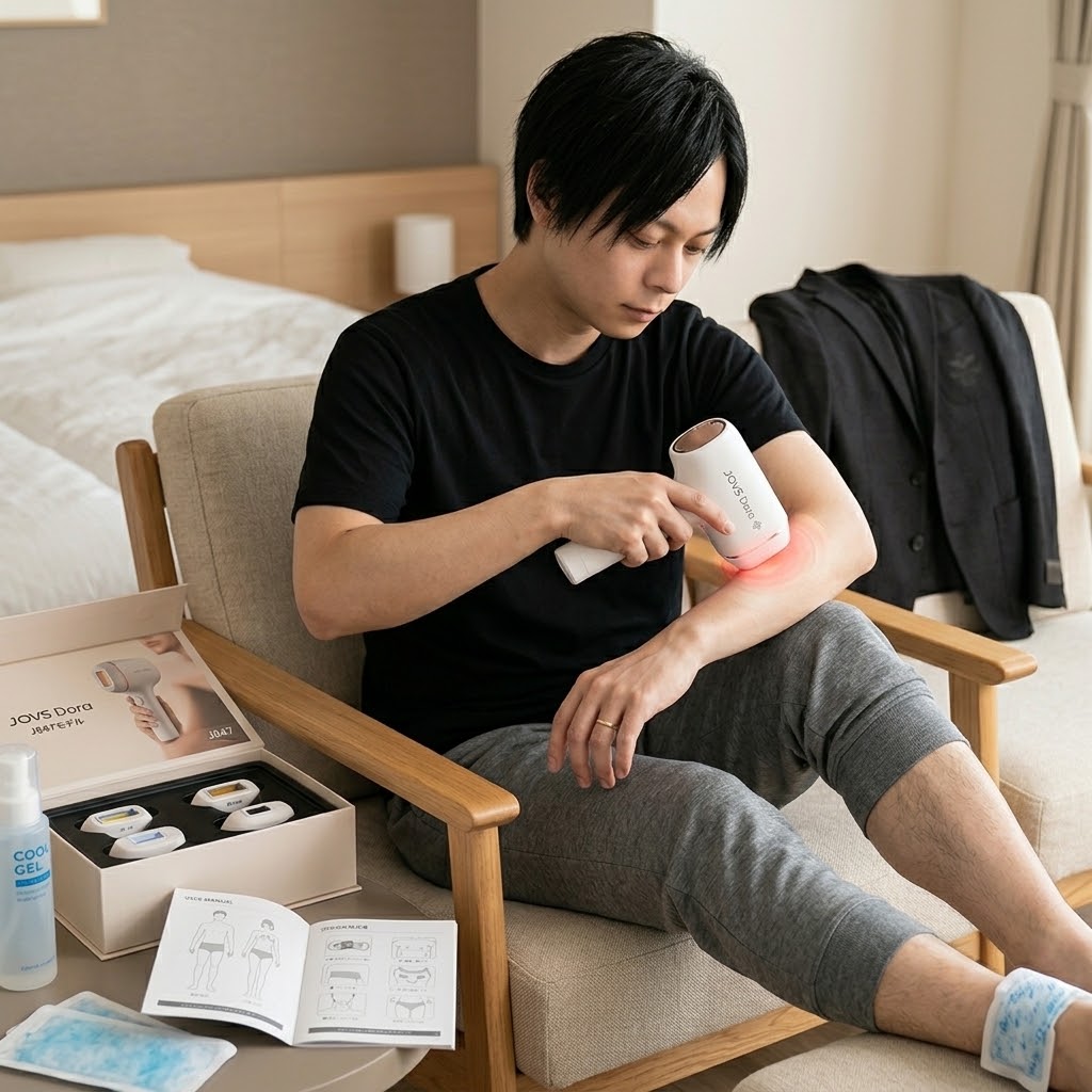 30代剛毛な髭に悩む旦那が家庭用脱毛器JOVS Dora(J847モデル)を実際に使用してヒゲ脱毛をしている画像。