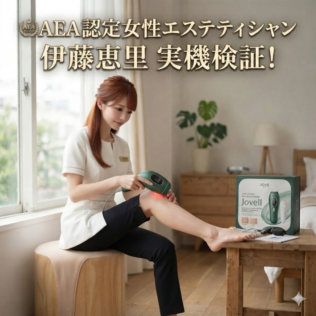 最新脱毛器JOVS Dora Scroll（ジョブズドラスクロール）の商品本体、高級感のあるパッケージ箱、およびAEA認定女性エステティシャン・伊藤恵里氏が実際に製品を使用している様子の3枚を1枚にまとめた複合画像。