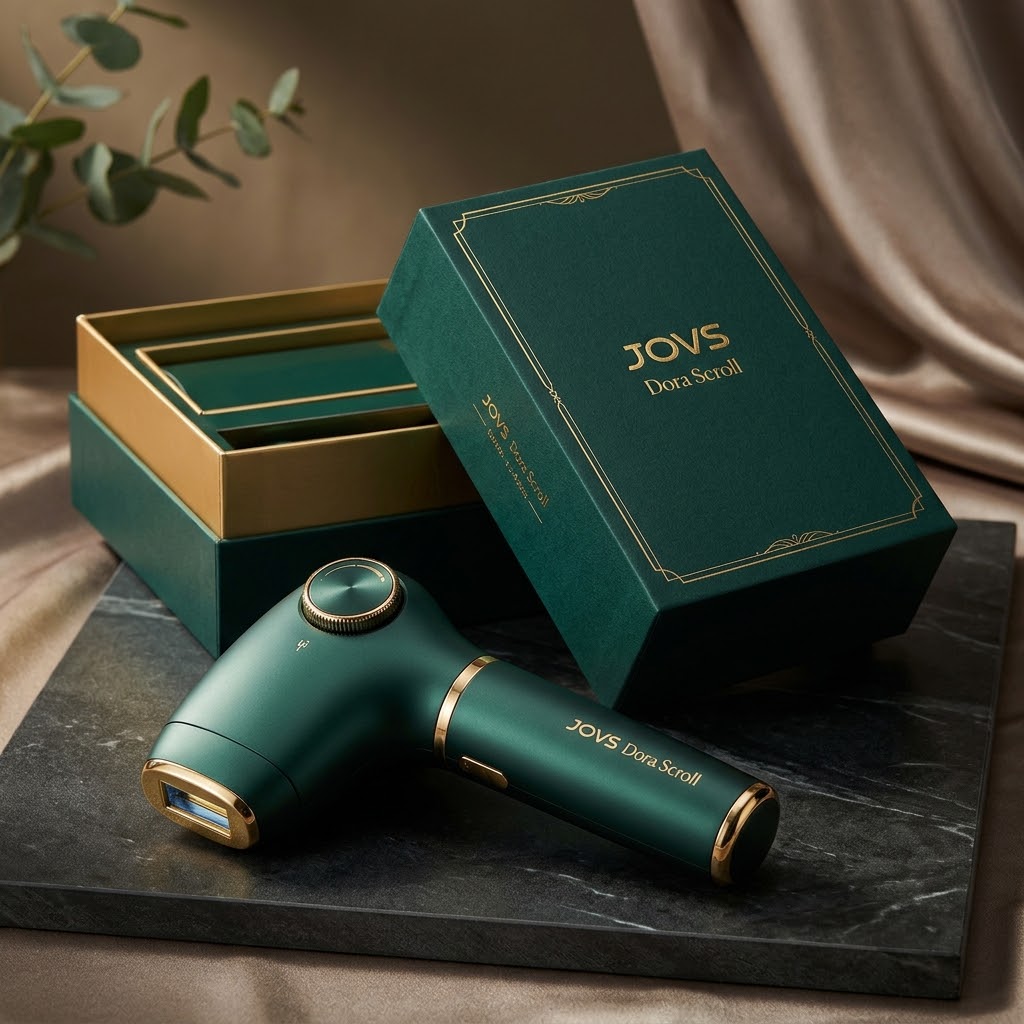 最新脱毛器JOVS Dora Scroll（ジョブズドラスクロール）の商品本体とパッケージ箱のレビュー画像