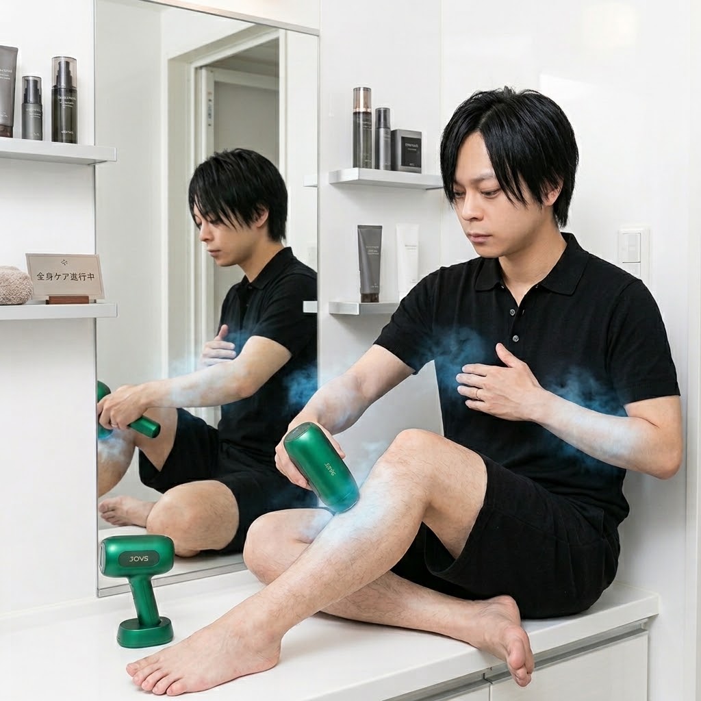 30代の剛毛な旦那が家庭用光美容器JOVS Dora2(ジョブズドラ2)の顔モードを使って髭に照射している実際の写真。