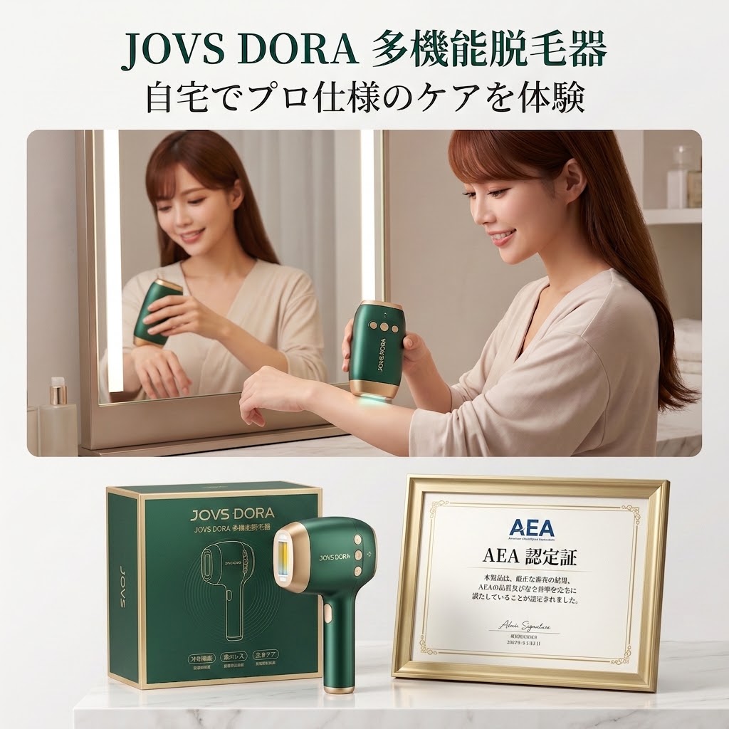 JOVS Dora2の商品本体と外箱パッケージ、およびレビューを監修するAEA認定エステティシャン伊藤恵里の複合画像。