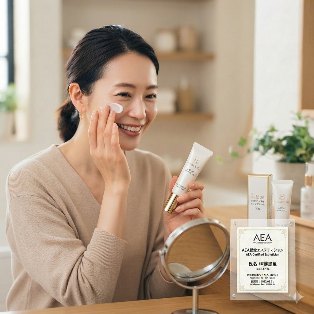 l-shotの商品画像とパッケージ画像。AEA認定資格を持つ女性エステティシャン伊藤恵里が、実機使用中。