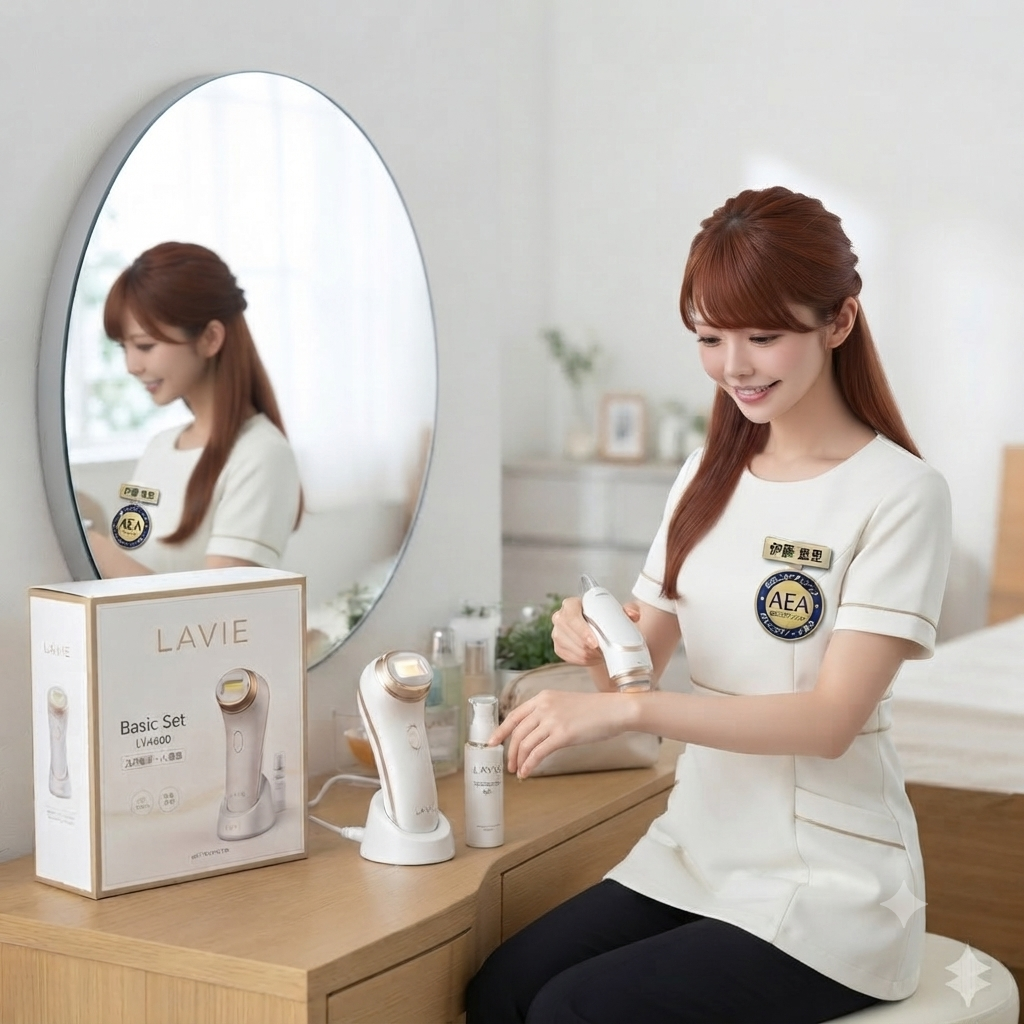 LAVIE脱毛器LVA600の商品画像とパッケージ画像。AEA認定資格を持つ女性エステティシャン施術歴10年の伊藤恵里実機使用中。