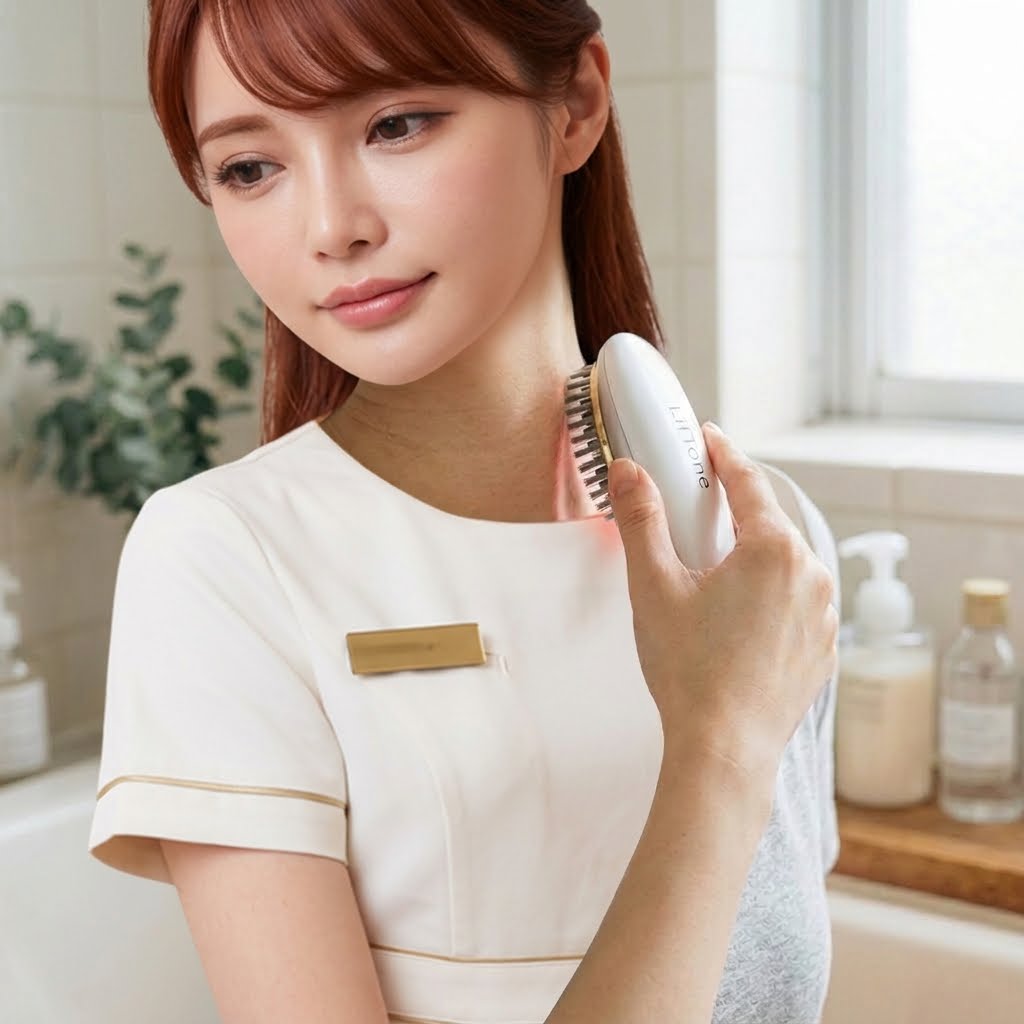LifToneを使ったデコルテ・首元ケア実践の様子