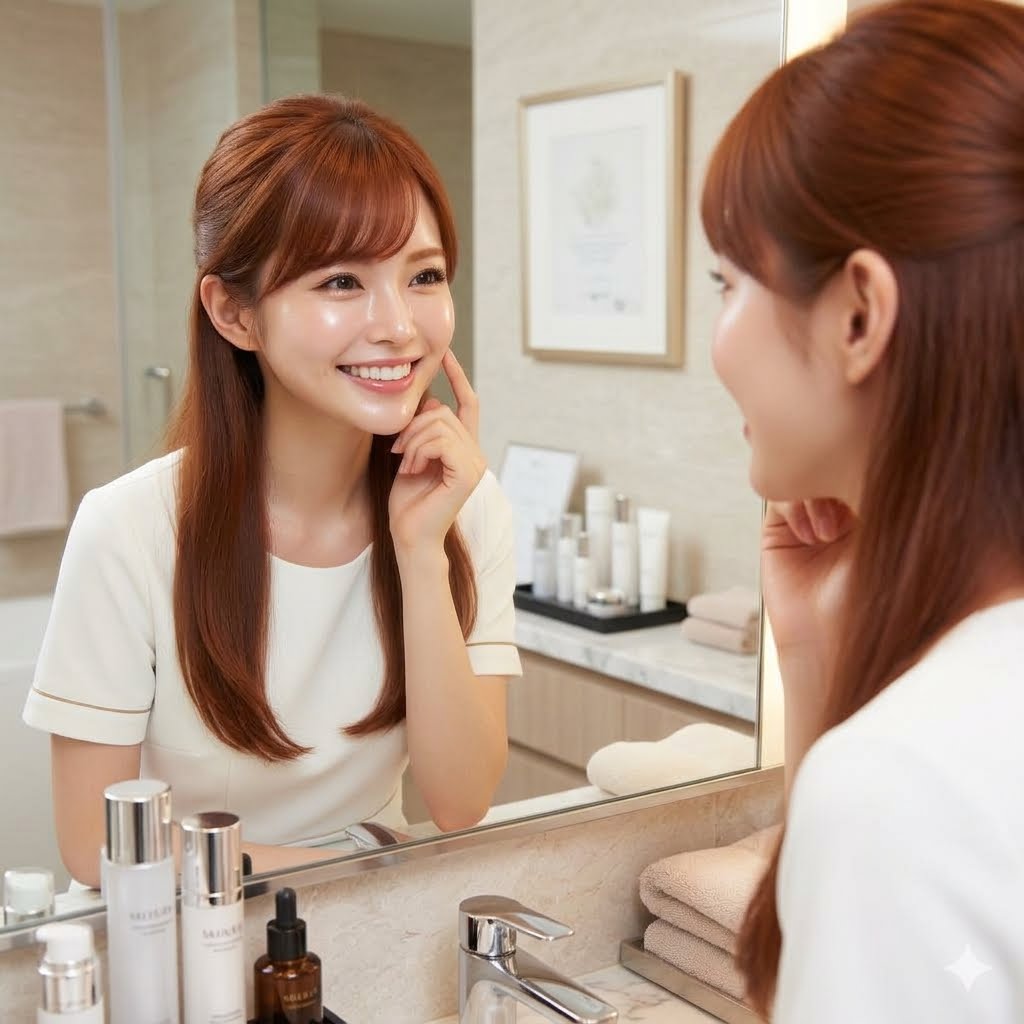 鏡の前でお肌の調子をチェックして嬉しそうに微笑む笑顔の女性