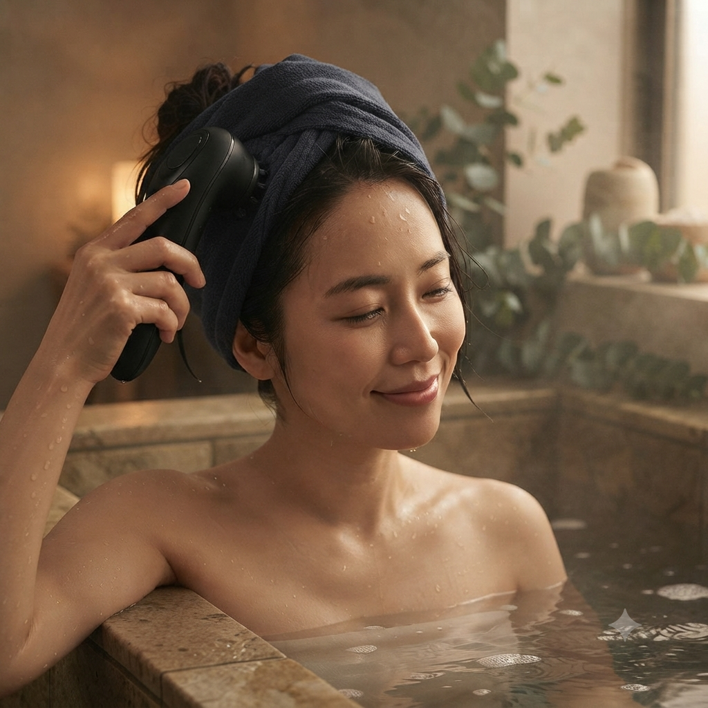 お風呂の中でリフトーンプレミアムを使って頭皮ケアをする女性のイメージ