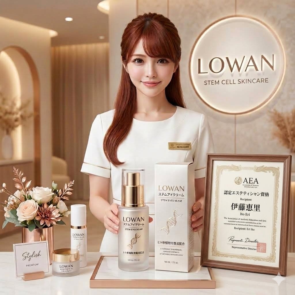 LOWAN ステムアイクリームの商品画像とパッケージ画像。AEA認定資格を持つ女性エステティシャン施術歴10年の伊藤恵里本人が、使用中。