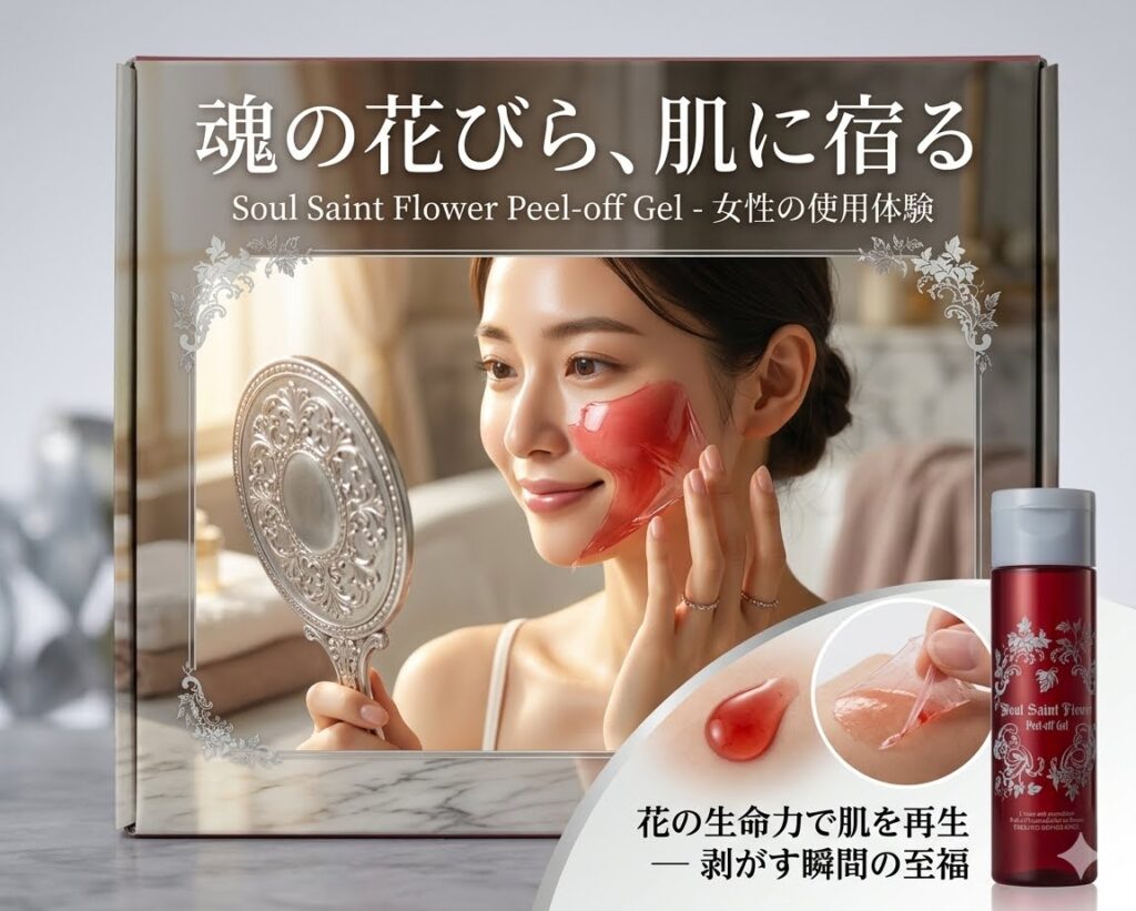 薬用葡萄樹液ジェルの商品画像とテクスチャー画像。AEA認定資格を持つ女性エステティシャン実機使用中。