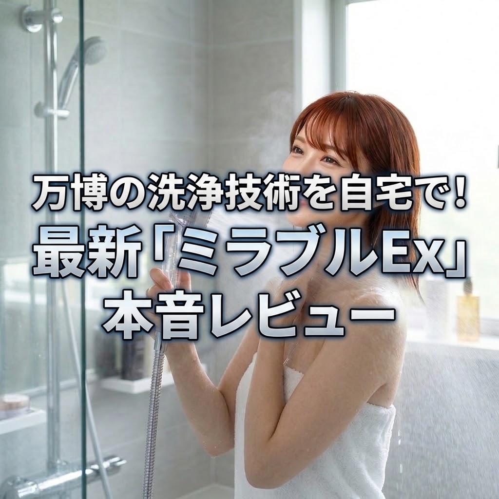 最新のシャワーヘッド「ミラブルEx」の本体と、それを風呂場で体験しているAEA認定エステティシャン伊藤恵里の様子。