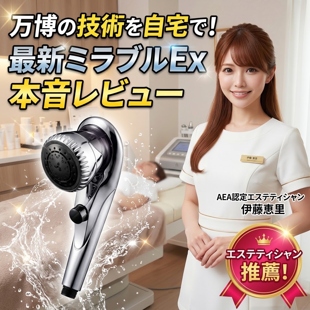 最新のシャワーヘッド「ミラブルEx」の製品画像と、それを推薦・レビューするAEA認定エステティシャン伊藤恵里の顔写真が並んだ、文字入れ付きのアイキャッチ画像。