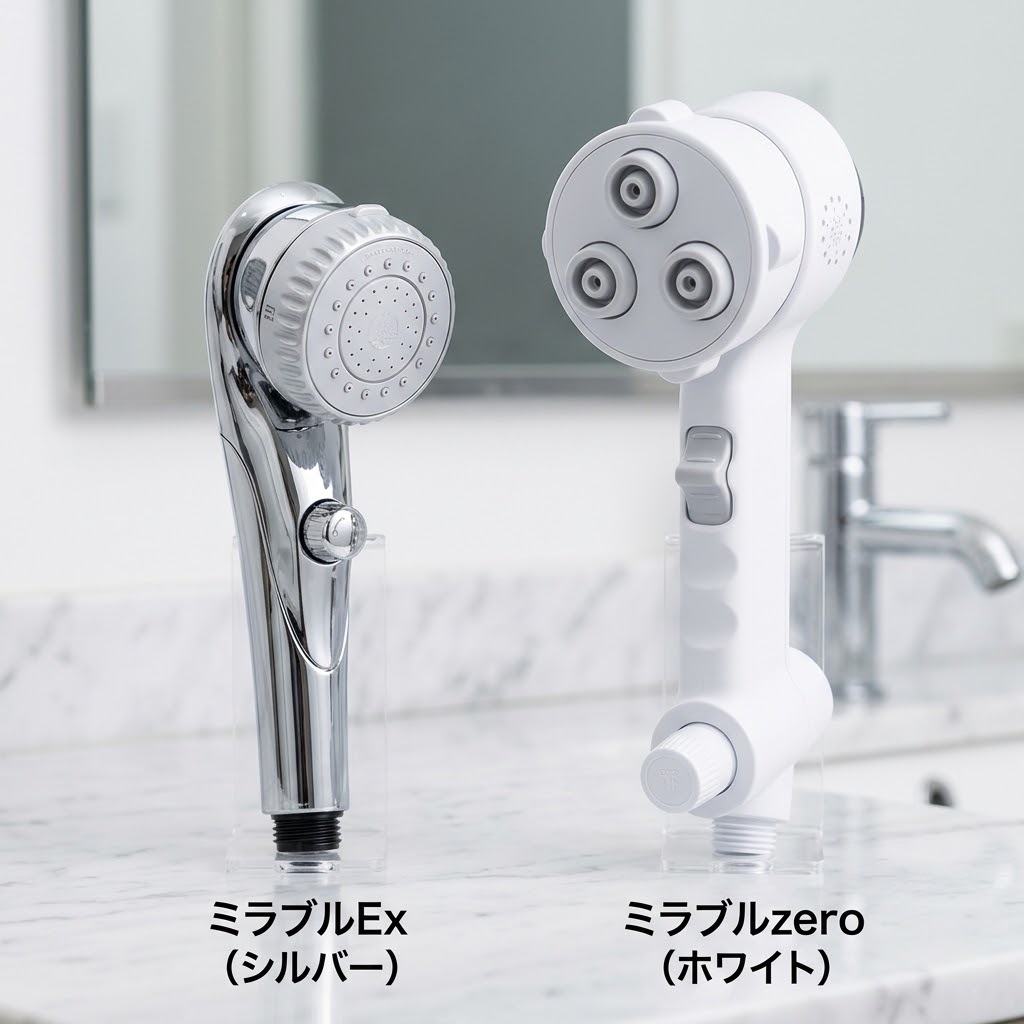新旧モデルの比較。スタイリッシュでコンパクトなメタリックシルバーの「ミラブルEx」と、一回り大きく近未来的なホワイトの「ミラブルzero」を2本並べたデザインとサイズ感の違いの写真。