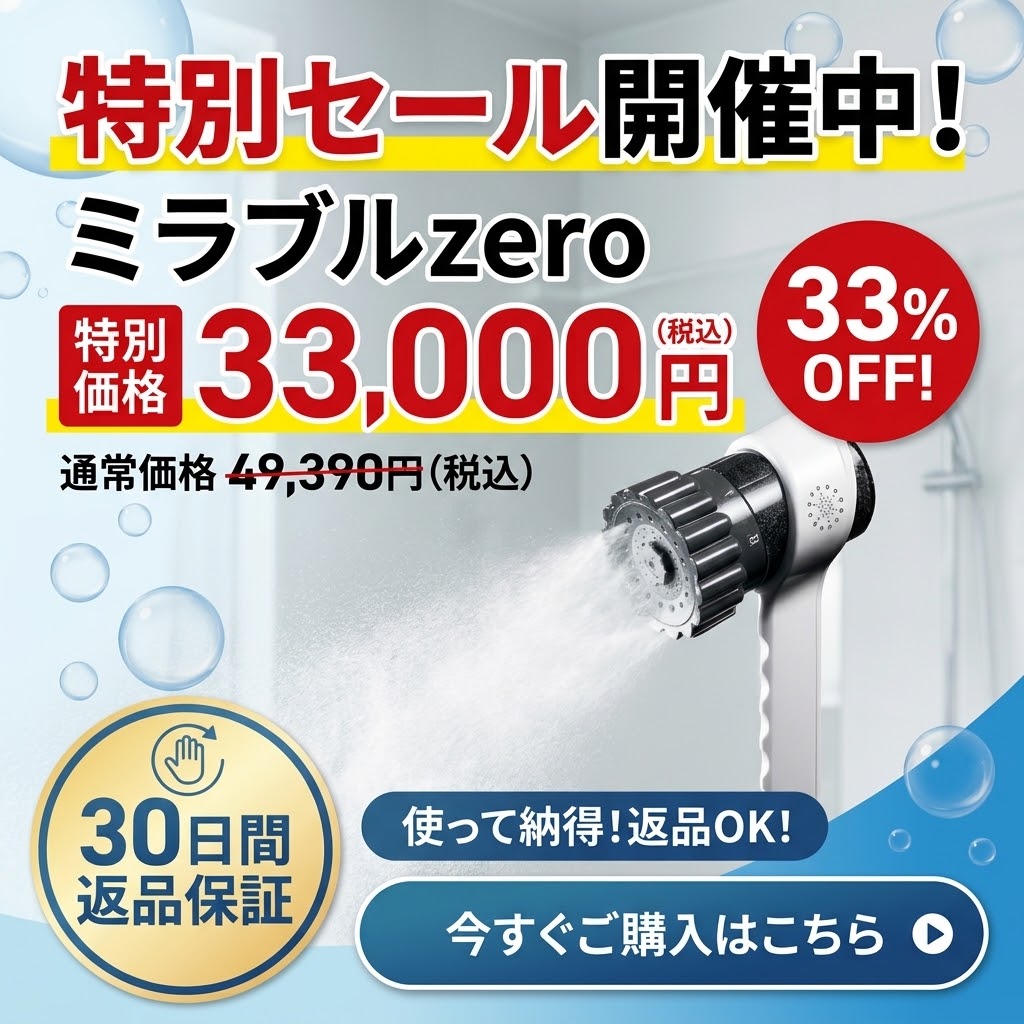 正規販売代理店ミルキーセレクションのミラブルzero特別価格33,000円セールと30日間返品保証の案内。