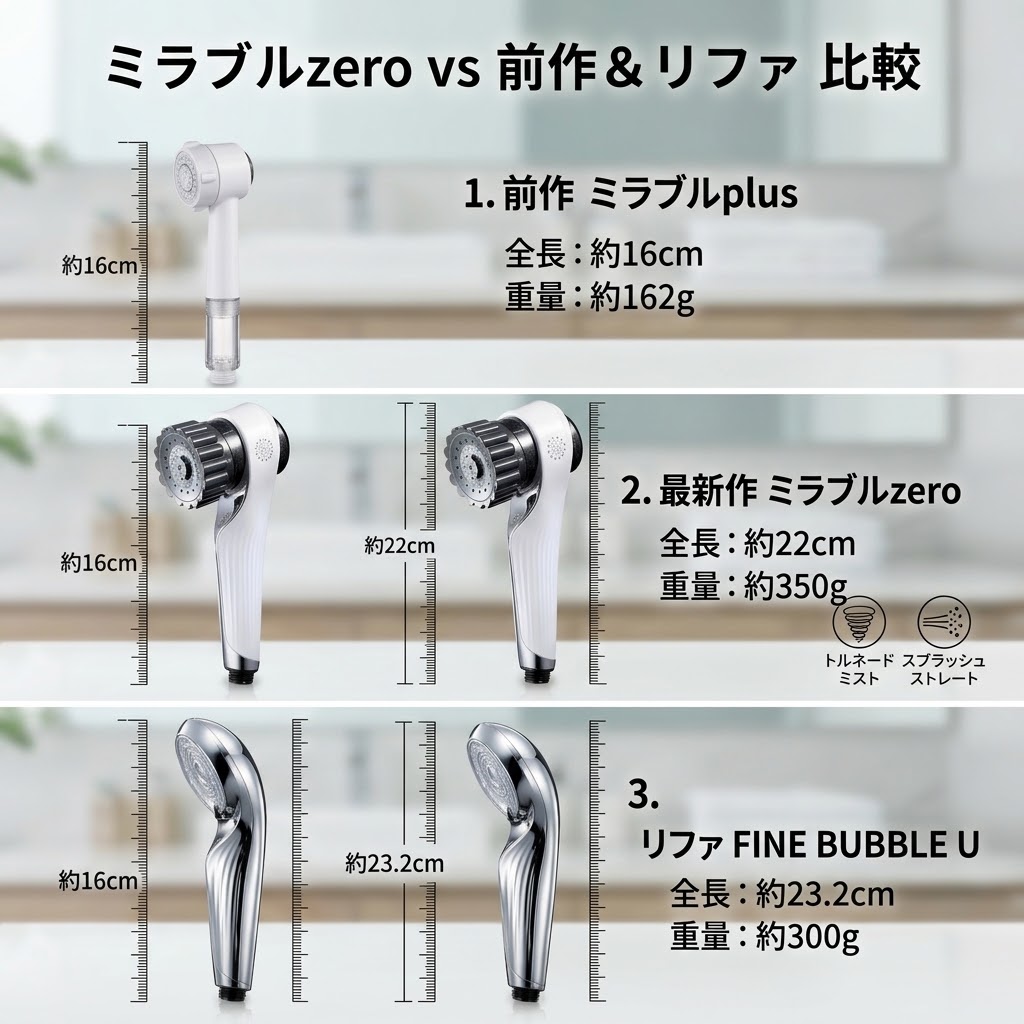 ミラブルzeroとリファファインバブルUの大きさや重さ、手持ちした時のサイズ感の比較。