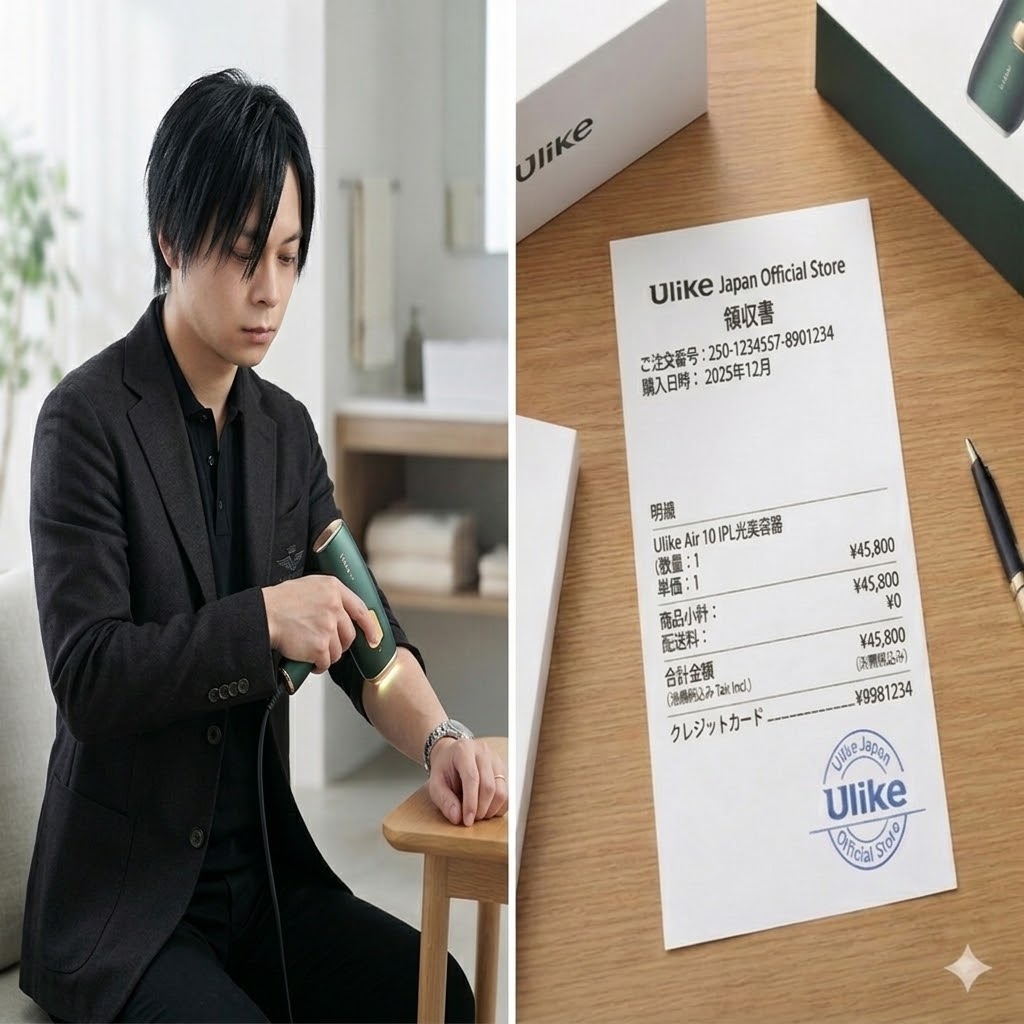 Ulike Air10 IPL光美容器の公式ストア領収書と、30代剛毛旦那のメンズ実機使用レビューの様子。