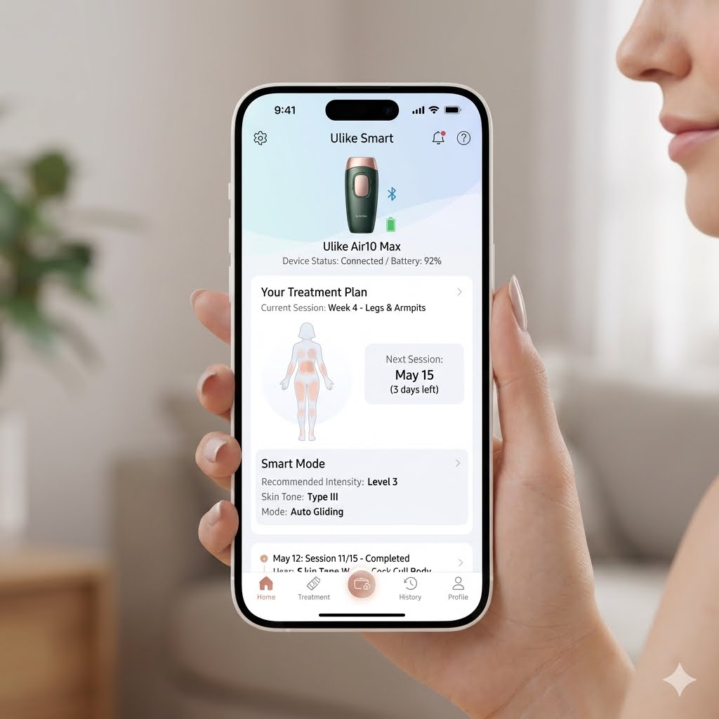 Ulike Air10 Maxと連携して肌質別のケアプランや照射スケジュールを管理できる専用スマホアプリの操作画面。