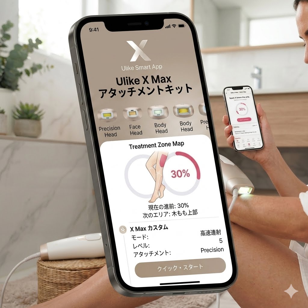 Ulike X Maxと連携して28日間のメンズ脱毛スケジュールをAIが自動管理してくれる専用アプリUlike Smartの操作画面。