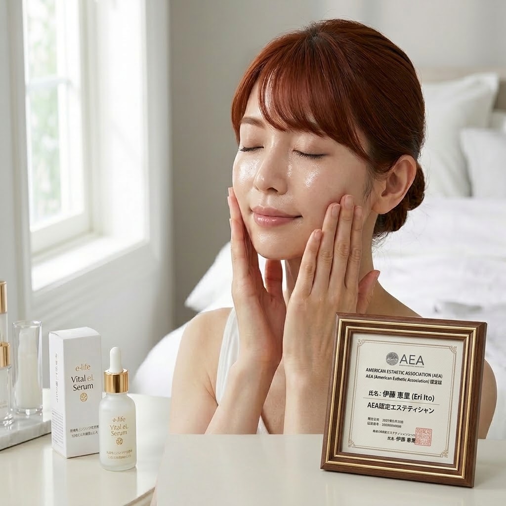 Vital eL Serum（バイタル・エル・セラム）の商品ボトル、パッケージ、そしてエステティシャン伊藤恵里が実際に肌に使用している様子のレビュー画像。