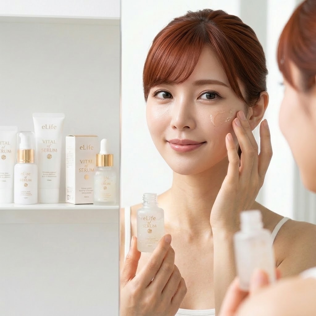 Vital eL Serum（バイタル・エル・セラム）の乳白色でとろみのあるテクスチャーと、それを検証するAEA認定エステティシャン伊藤恵里のレビュー画像。