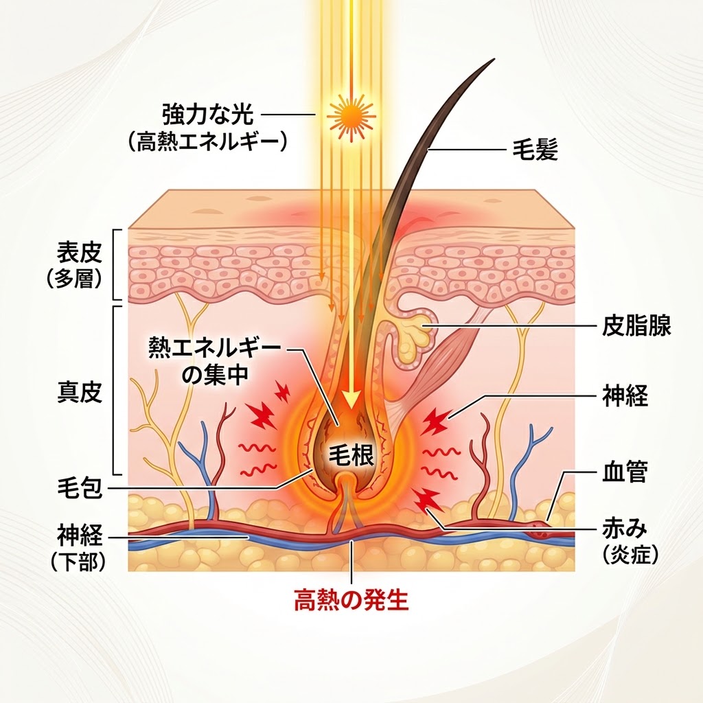 脱毛の痛みの原因となる熱の発生メカニズム解説図