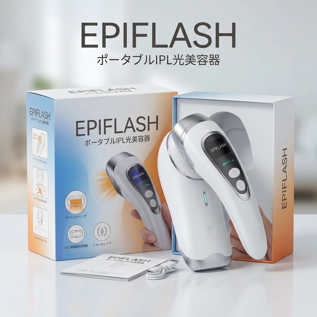 FASCINATEBEAUTYのIPL光美容器「EPIFLASH(FN-IPE010-W)」の本体製品と外箱パッケージのセット画像。