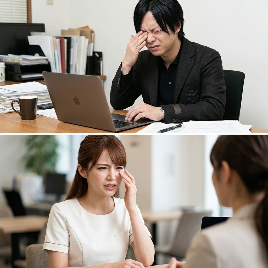 まぶたのピクピクや目の重みに悩む人のイメージ