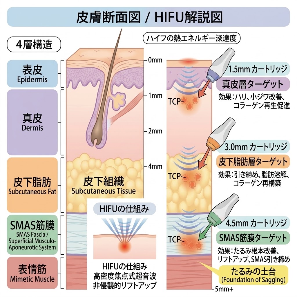 表皮・真皮・SMAS筋膜の構造と医療ハイフの照射メカニズム
