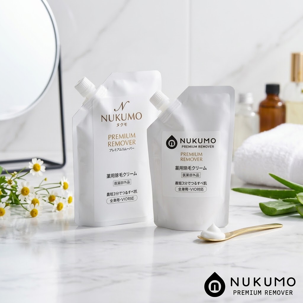 NUKUMOプレミアムリムーバーの商品ボトルとパッケージのセット画像。