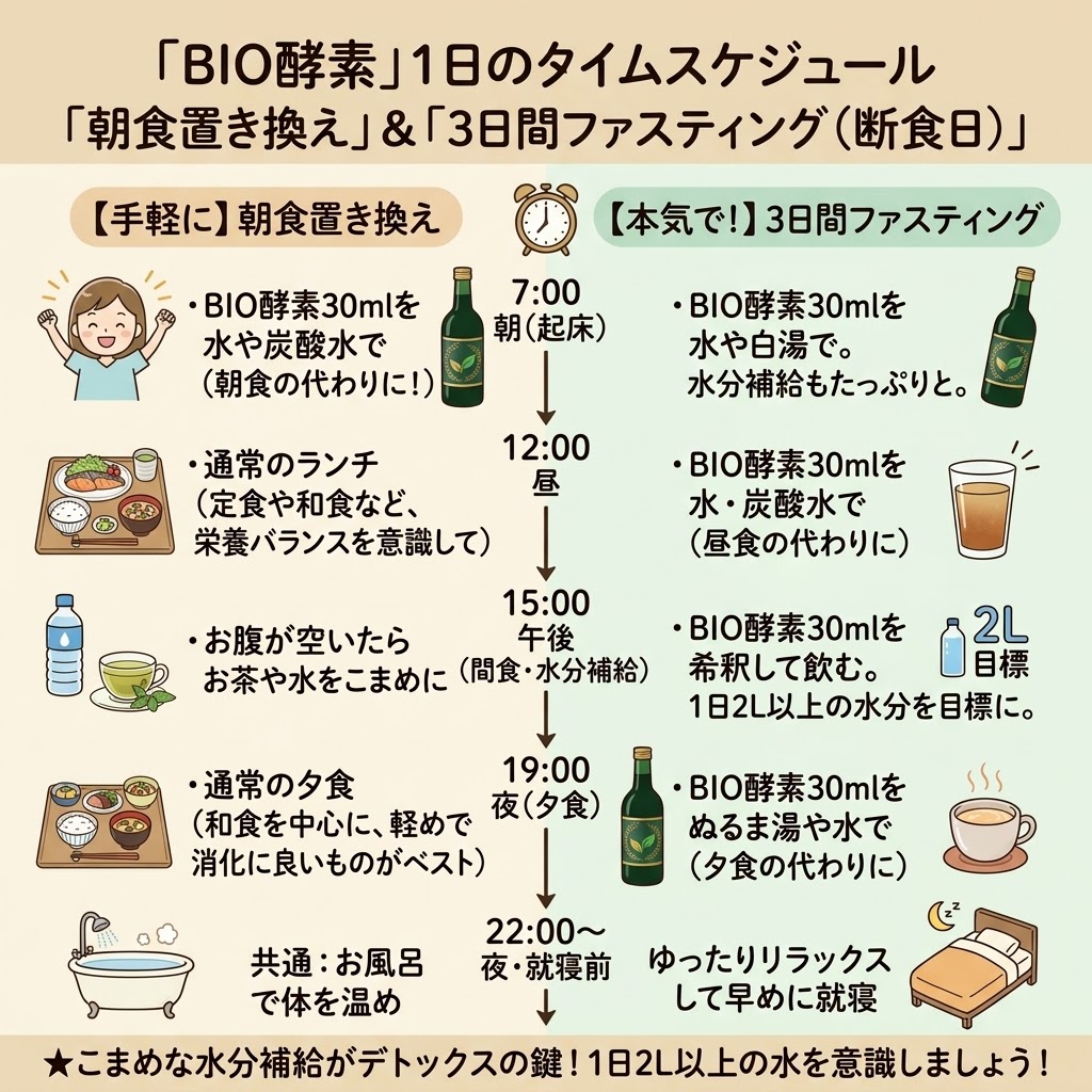 BIO酵素を使った正しいファスティングと置き換えダイエットの飲み方スケジュール