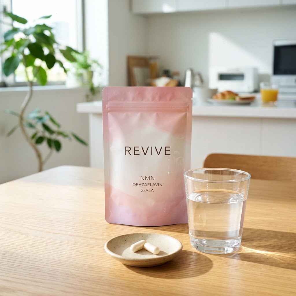 REVIVE NMNサプリメントの正しい飲み方・水と2粒の朝習慣イメージ