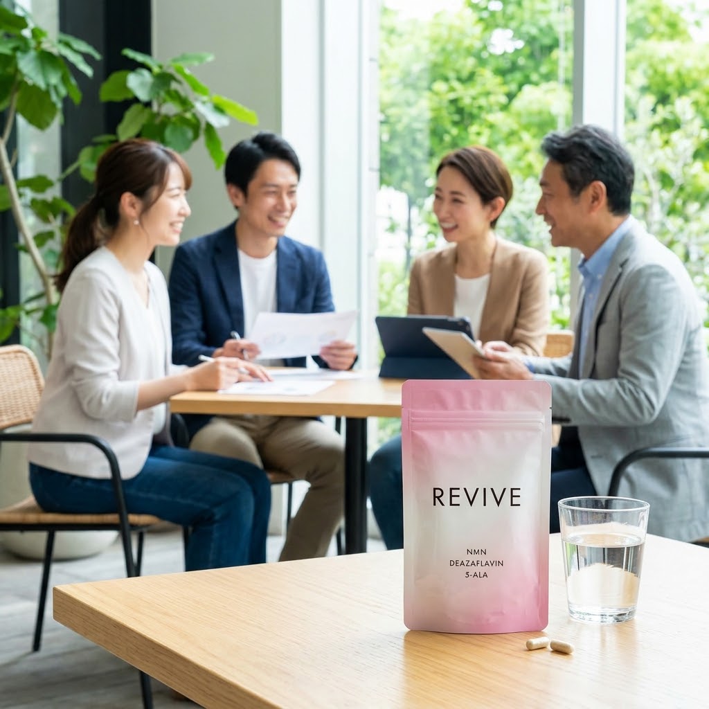 REVIVE（リバイブ）NMNサプリメントの口コミ評判・効果・飲み方解説記事のアイキャッチ画像。