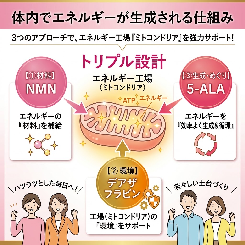 REVIVE NMNサプリメントのミトコンドリアとトリプル設計（NMN・デアザフラビン・5-ALA）の仕組み図解