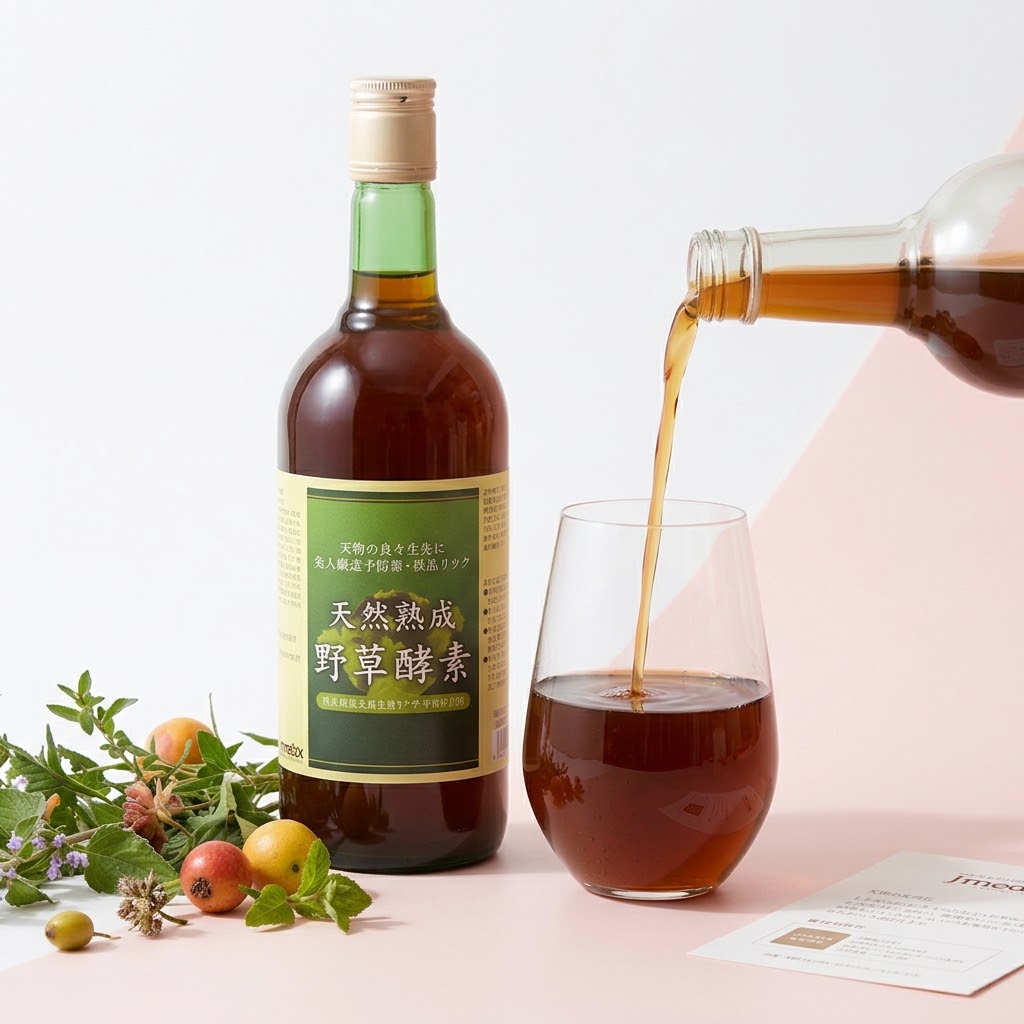 天然熟成野草酵素のボトルとグラスに注がれた酵素ドリンク。