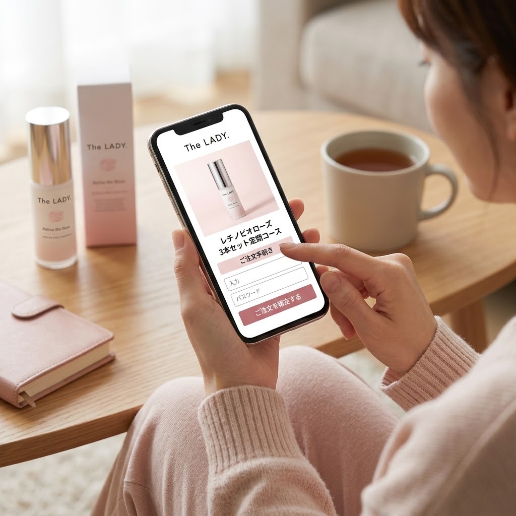 スマートフォンの公式サイトからレチノビオローズの定期便を安心してお買い物するイメージ