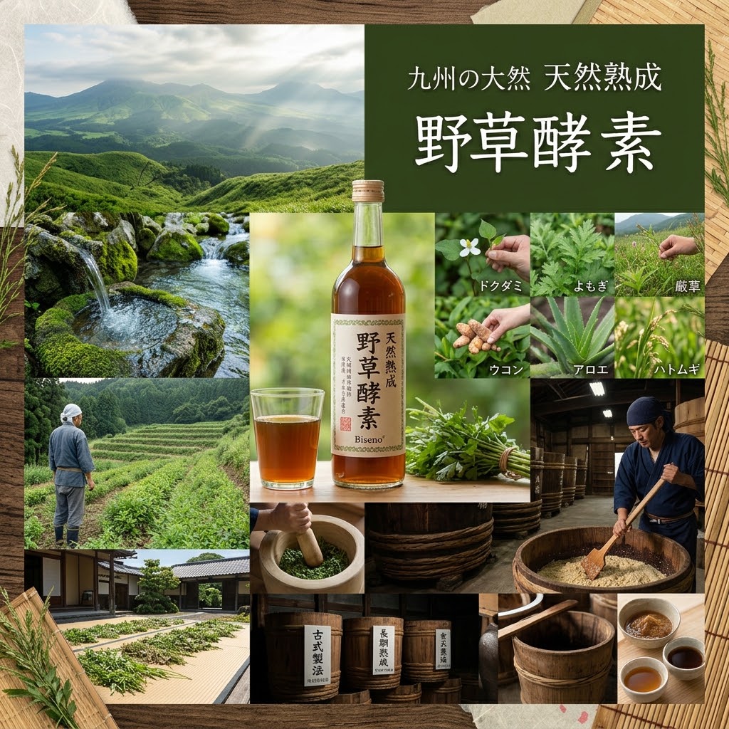 天然熟成野草酵素に使われている九州産の厳選原料と伝統的な古式製法のイメージ